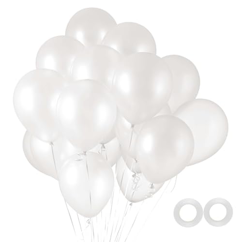 100 Stück Weiße Ballons, 12 Zoll Weiße Latex Party Ballons Helium Qualität für Party Dekoration wie Geburtstag, Gender Reveal,Baby Shower,Hochzeit,Bachelorette Party (mit weißem Band) von WOFEU