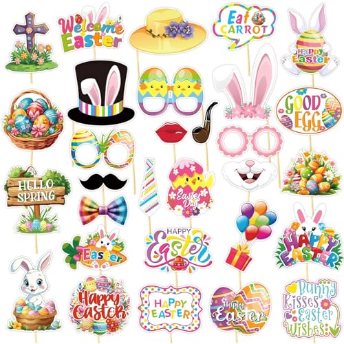 30 Stück Ostern Tag Foto Booth Requisiten Kit für Fotoshooting, Osterhase Kaninchen Eier Gläser Muster DIY Ostern Frühling Fotografie Dekorationen für Kinder und Erwachsene von WOFEU