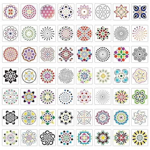 56 Stücks Mandala Schablonen, 9x9cm Wiederverwendbare Mandala Schablonen für Malerei Mandala Dotting Stencil Crafts Zeichnung Vorlagen für Felsen Holz Leinwand Stoff Kunstprojekte von WOFEU