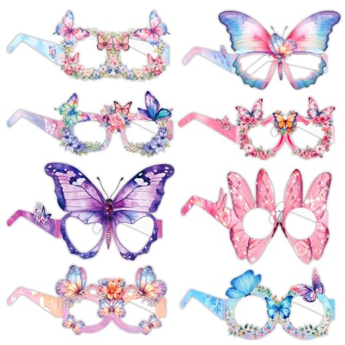 8 Stück Papier Geburtstag Partybrillen, Lustige Fotorequisiten für Geburtstag Gastgeschenke, Schmetterling Partybrillen zum Schmetterlingsbrille Brillen für Kinder Zubehör von WOFEU