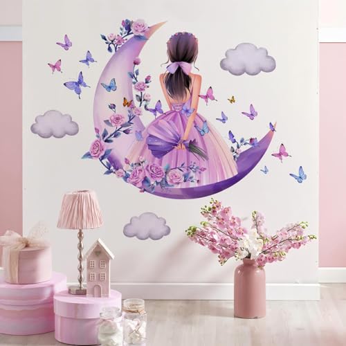 Schmetterling Mädchen Wandaufkleber, Mond Wolken Blume Fee Wandabziehbild, rosa florale Fototapete bunte Schmetterlinge Wanddekoration, Wandkunst für Mädchen Baby Kinderzimmer Schlafzimmer Schmetterling Mädchen Wandaufkleber, Mond Wolken Blume Fee Wandabziehbild, rosa florale Fototapete bunte Schmetterlinge Wanddekoration, Wandkunst für Mädchen Baby Kinderzimmer Schlafzimmer von WOFEU
