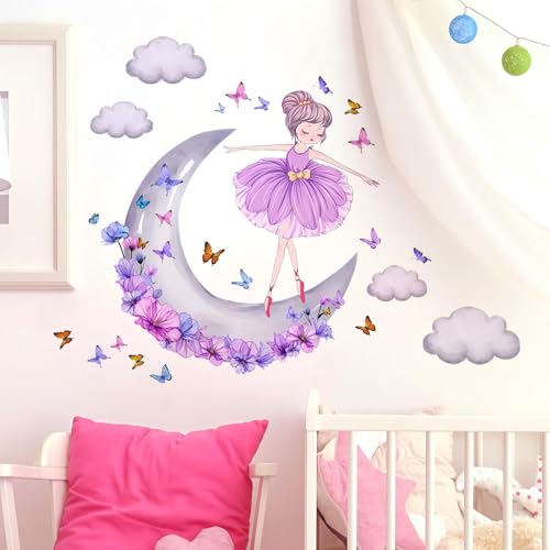Schmetterling Mädchen Wandaufkleber, Mond Wolken Blume Prinzessin Wandabziehbild, rosa florale Wandtattoo bunte Schmetterlinge Wanddekoration für Mädchen Kinderzimmer Schmetterling Mädchen Wandaufkleber, Mond Wolken Blume Prinzessin Wandabziehbild, rosa florale Wandtattoo bunte Schmetterlinge Wanddekoration für Mädchen Kinderzimmer von WOFEU