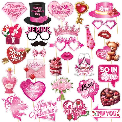 Valentinstag Foto Booth Requisiten Dekor, 30 Stück Romantische Liebe Valentinstag Dekorationen Set für DIY Lustige Valentinstag Party Zubehör von WOFEU