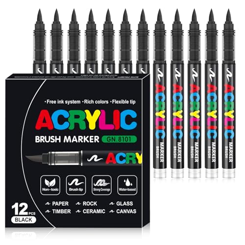 Acrylstifte für Steine Wasserfest, 1-5mm Pinsel Acrylmarker, Acrylic Marker Set für Holz, Leinwand, Stein, Keramik, Glas, Stoff, Acrylstifte Paint Marker für Ostern und Weihnachten (12 Schwarz) von WOGOPRO