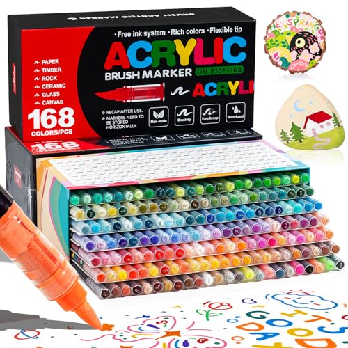 WOGOPRO 168 Farben Acrylstifte für Steine Wasserfest, 1-5mm Pinsel Acrylmarker, Acrylic Marker Set für Holz, Leinwand, Stein, Keramik, Glas, Stoff, Acrylstifte Paint Marker für Ostern und Weihnachten von WOGOPRO