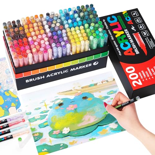 WOGOPRO 200 Farben Acrylstifte für Steine Wasserfest, 1-5mm Pinsel Acrylmarker, Acrylic Marker Set für Holz, Leinwand, Stein, Keramik, Glas, Stoff, Acrylstifte Paint Marker für Ostern und Weihnachten von WOGOPRO