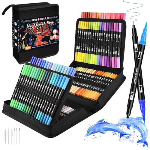 WOGOPRO Dual Brush Pen Set, 120 Farben Filzstifte Dicke und Dünne, Fineliner Set, Pinselstifte für Kinder Erwachsene Bullet Journal, Handlettering, Mandala, Malbücher, Fasermaler von WOGOPRO