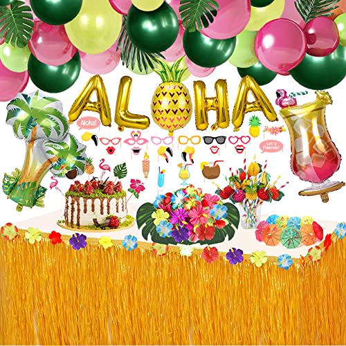 WOHOT 162PCS Hawaii Party Dekoration Set mit Luftballons Girlande Hawaii Luau Tischröcke Ballon Kit Hawaii ALOHA für Tropische Sommer Beach Party Deko (162 Stück) von WOHOT