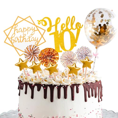 Happy 10th Birthday Cake Topper, Glitter Hello 10 Cake Topper Dekoration Set Glitter Happy Birthday Cake Topper mit Konfetti Ballon Papier Fans Sterne Cake Toppers für Mädchen Frauen Geburtstag von WOIRROIP