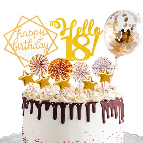 Happy 18th Birthday Cake Topper, Glitter Hello 18 Cake Topper Dekoration Set Glitter Happy Birthday Cake Topper mit Konfetti Ballon Papier Fans Sterne Cake Toppers für Mädchen Frauen Geburtstag von WOIRROIP