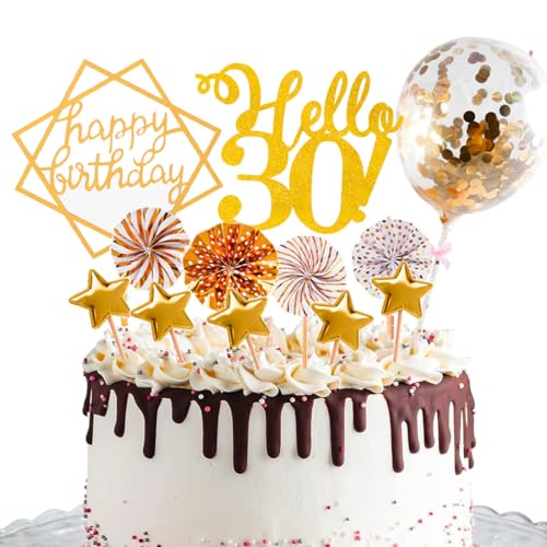 Happy 30th Birthday Cake Topper, Glitter Hello 30 Cake Topper Dekoration Set Glitter Happy Birthday Cake Topper mit Konfetti Ballon Papier Fans Sterne Cake Toppers für Mädchen Frauen Geburtstag von WOIRROIP