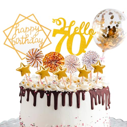 Happy 70th Birthday Cake Topper, Glitter Hello 70 Cake Topper Dekoration Set Glitter Happy Birthday Cake Topper mit Konfetti Ballon Papier Fans Sterne Cake Toppers für Mädchen Frauen Geburtstag von WOIRROIP
