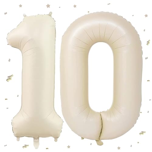 Luftballon 10. Geburtstag Beige, XXL Riesen Creme Folienballon 10 für Frauen,40"Luftballon 10. Geburtstag,Zahlen 1 und 0 Folienballon für 10 Jahre Geburtstagsdeko Jubiläum Party Dekoration von WOIRROIP
