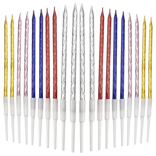 20 Stück Geburtstagskerzen, Spiral Kuchen Kerzen, Dünn und Lang, Geruchsfrei, Ungiftig, Mit Ständer, Ideal für Geburtstage, Hochzeitsfeiern, Brautduschen, Babyduschen uvm. (Mehrfarbig) von WOLMIK