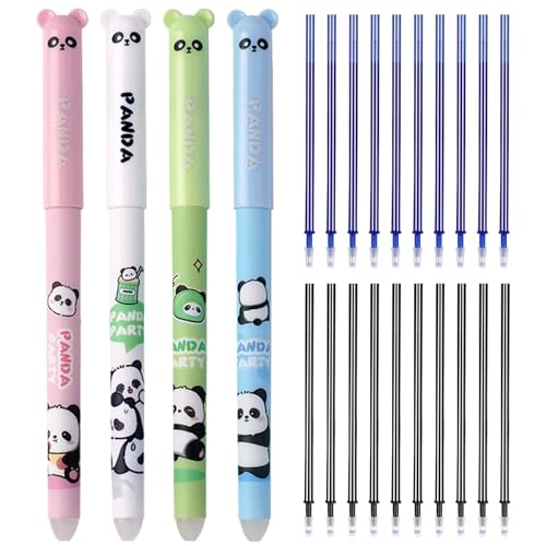 Radierbarer Kugelschreiber, 4 Stück Tintenroller Radierbar mit 20 Nachfüllungen, Cartoon Panda Löschbarer Stift, 0.5mm Erasable Pen Set für Schulsachen Bürobedarf Studenten Notizbuch Planer Journal von WOLMIK
