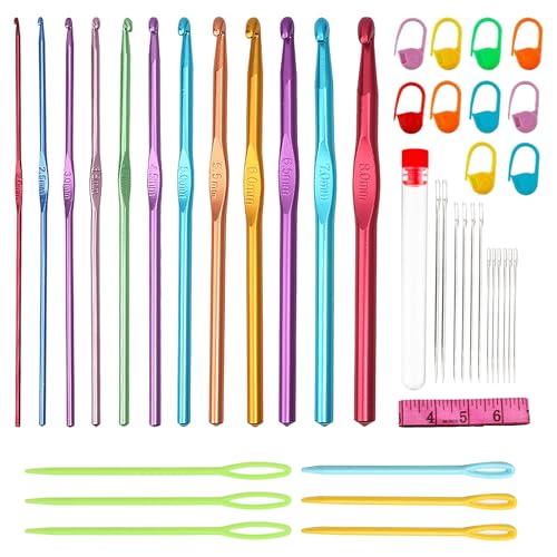 WOLMIK 47 Stück häkelnadel set, 12 Größen 2mm-8mm Häkelnadel aus bunt Aluminium mit Häkel Zubehör, Ergonomische häkelnadeln Crochet Set, DIY-Handstrick-Handwerkskunst-Werkzeuge für Anfänger von WOLMIK
