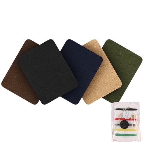 WOLMIK 5 Stück Flicken zum Aufbügeln mit Nähset, Stoff-Reparaturflicken Bügelflicken zum Aufbügeln für Kleidung Reparaturflicken zum Aufbügeln für Kleidung Jeans (Schwarz, Braun, Grün, Navy, Beige) von WOLMIK