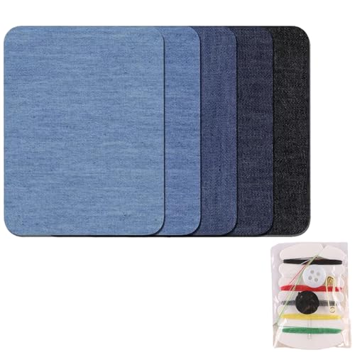 WOLMIK 5 Stück Flicken zum Aufbügeln mit Nähset, Stoff-Reparaturflicken Bügelflicken zum Aufbügeln für Kleidung Reparaturflicken zum Aufbügeln für Kleidung Schuhe Jeans Hüte (Schwarz, Blau) von WOLMIK