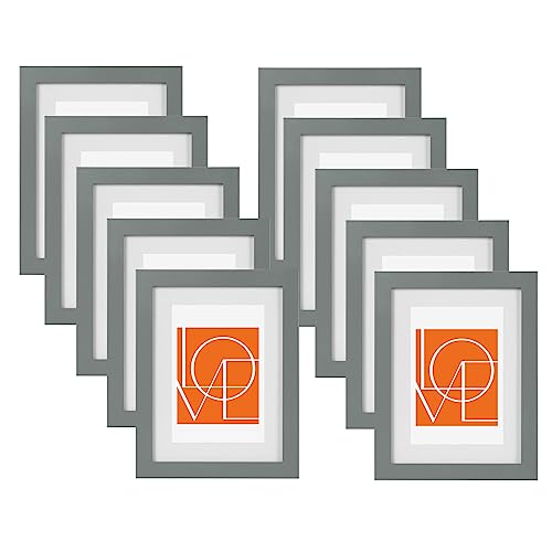 WOLTU Bilderrahmen 13x18 cm, 10er Set, Grau Holz MDF, Collage Wanddeko, Holzrahmen mit Passepartout, Fotorahmen zum vertikalen oder horizontalen Aufhängen/Aufstellen von WOLTU