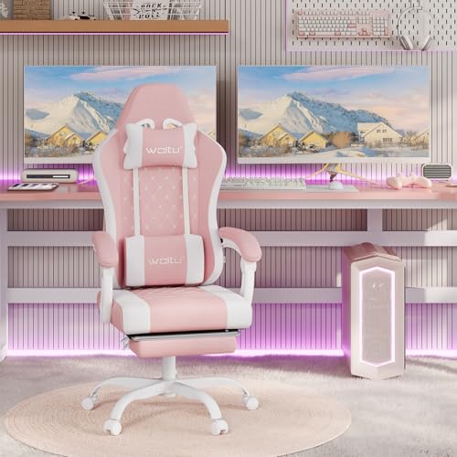 WOLTU Gaming Stuhl mit Massagefunktion, Computerstuhl mit Taschenfederkissen, Gaming Sessel ergonomisch, Drehstuhl mit Kopfkissen, Lendenkissen, Fußstütze, Netzstoff, Rosa+Weiß,GS15rsw von WOLTU