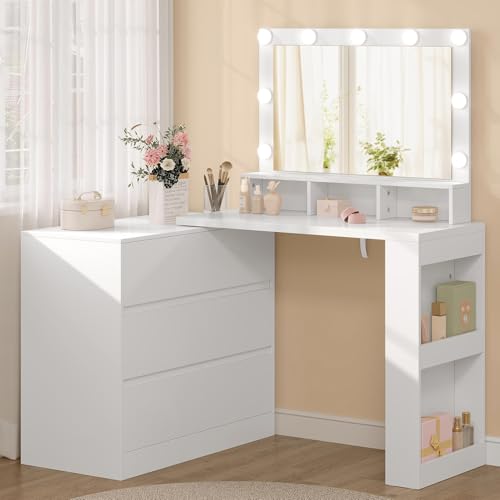 WOLTU Schminktisch mit Beleuchtung LED Spiegel, Kommode mit 6 Große Schubladen, Frisiertisch mit Seitenregal, 3 Offene Ablagen, Flexible Montage, Make up Tisch Holz für Schlafzimmer, Modern, weiß WOLTU Schminktisch mit Beleuchtung LED Spiegel, Kommode mit 6 Große Schubladen, Frisiertisch mit Seitenregal, 3 Offene Ablagen, Flexible Montage, Make up Tisch Holz für Schlafzimmer, Modern, weiß von WOLTU