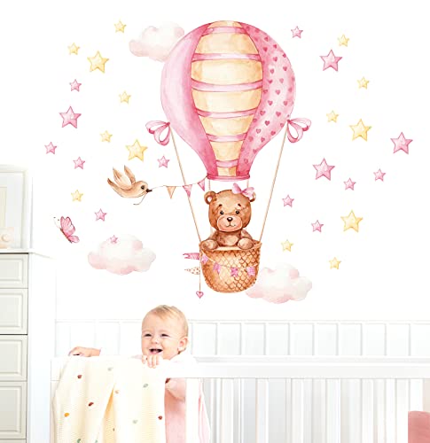 WONDER MURALS Wandtattoo Bär Heißluftballon Deko Kinderzimmer Wandsticker Mädchen Babyzimmer Wandaufkleber Wanddeko Selbst Aufkleben (Rosa) von WONDER MURALS