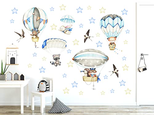 WONDER MURALS Wandtattoo Tiere Heißluftballon Deko Kinderzimmer Wandsticker Mädchen Junge Babyzimmer Wandaufkleber Wanddeko Selbst Aufkleben (Blau, L - 112 x 75 cm (B x H)) von WONDER MURALS