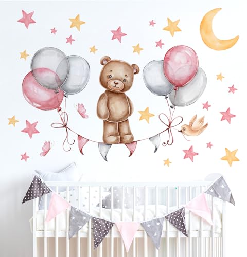WONDER MURALS Wandtattoo Wandsticker Bär Babyzimmer Kinderzimmer Baby Mädchen Teddybär Luftballons Mond Sterne Deko Wanddeko Wandaufkleber Selbst Aufkleben von WONDER MURALS