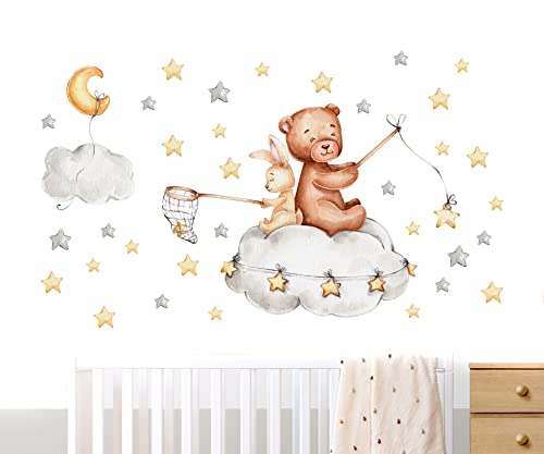 WONDER MURALS Wandtattoo Wandsticker Bär Hase Babyzimmer Kinderzimmer Mädchen Junge Baby Teddybär Wolken Sterne Mond Deko Wanddeko Wandaufkleber Selbst Aufkleben (L - 75 x 100 cm (B x H)) von WONDER MURALS