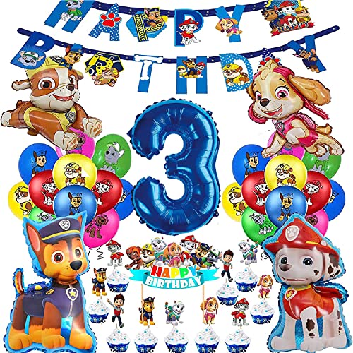 Karikatur Dog Dekoration Geburtstag Ballon, Dekoration für Geburtstag, 3 Jahre Jungen Ballon, Banner und Cupcake, Topper, Dekoration Geburtstag für Kinder (Nummer 3) von WONNER