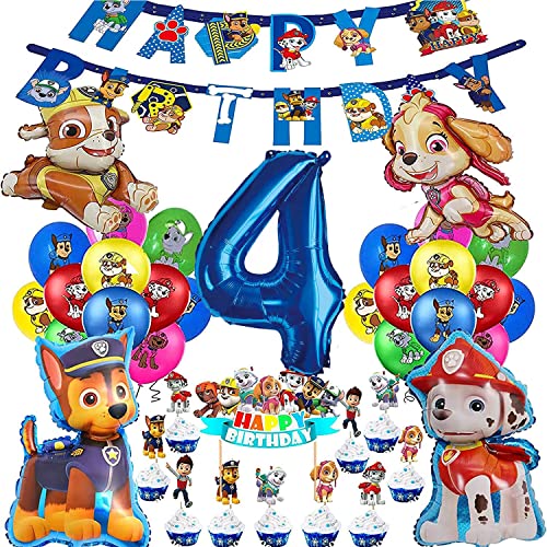 Karikatur Dog Dekoration Geburtstag Ballon, Dekoration für Geburtstag, 4 Jahre Jungen Ballon, Banner und Cupcake, Topper, Dekoration Geburtstag für Kinder (Nummer 4) von WONNER
