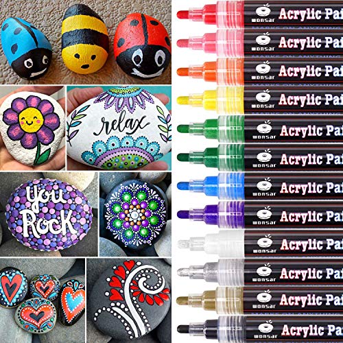 wonsar Acrylstifte Marker Stifte, 12 Farben Wasserfest Acrylstifte für Steine Bemalen, Acrylfarben Stifte für Glas Kinder DIY Keramik Porzellan Metall Kunststoff Holz, Leinwand (Medium Spitze) von wonsar