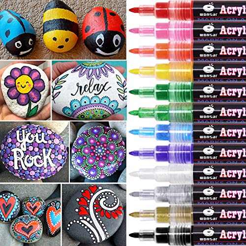 wonsar Acrylstifte Marker Stifte, 12 Farben Wasserfest Acrylstifte für Steine Bemalen, Acrylfarben Stifte für Kinder DIY Keramik Glas Porzellan Metall Kunststoff Holz Leinwand (0.7mm Spitze) von wonsar