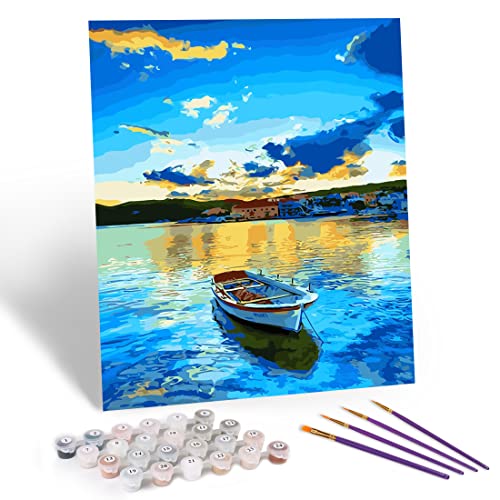 WONZOM Malen nach Zahlen DIY Acrylfarben Gemälde Kit für Erwachsene & Kinder Anfänger - 16x20 Zoll Blauer See und Boot mit 3 Pinseln & leuchtenden Farben Ohne Rahmen von WONZOM