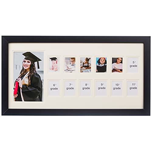WOOD SIDE ORBIS Bilderrahmen für Schuljahre, Collage mit Doppelmatte, Ständer und Aufhänger – Fotos vom Kindergarten bis zum Abschluss, K-12 Andenken – Schwarz/Horizontal von WOOD SIDE ORBIS