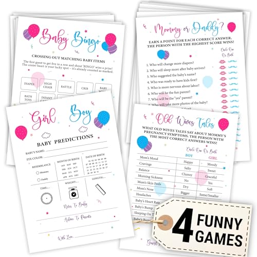 WOODAMORE Baby Gender Reveal Games For Guests - 4 Funny Baby Shower Games For Gender Reveal Party Decorations, Boy Or Girl Gender Reveal Ideas Baby Prediction Cards, Old Wives Tales Baby Bingo Game von WOODAMORE