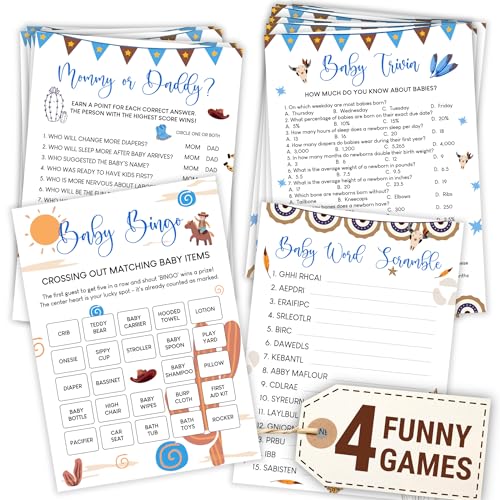 WOODAMORE Cowboy Babyparty-Spiele für Jungen – Western-Bingo-Karten, lustige Trivia-Wort-Scramble-Mamy- oder Papa-Spiel-Aktivitäten für 25 Gäste WOODAMORE Cowboy Babyparty-Spiele für Jungen – Western-Bingo-Karten, lustige Trivia-Wort-Scramble-Mamy- oder Papa-Spiel-Aktivitäten für 25 Gäste von WOODAMORE