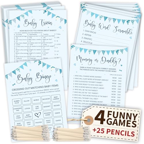 WOODAMORE Lustige Babyparty-Spiele für Jungen, 4 lustige Babyspiele für Babyparty Junge Dekorationen, blaue Quizkarten-Wort-Scramble Mommy oder Daddy Spiel für 25 Gäste WOODAMORE Lustige Babyparty-Spiele für Jungen, 4 lustige Babyspiele für Babyparty Junge Dekorationen, blaue Quizkarten-Wort-Scramble Mommy oder Daddy Spiel für 25 Gäste von WOODAMORE