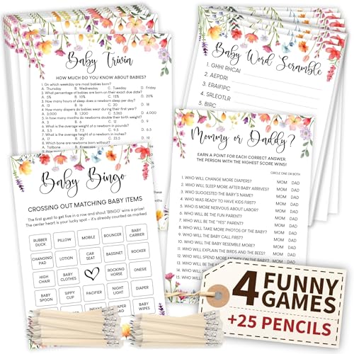 WOODAMORE Lustige Babyparty-Spiele für Mädchen – Blumen-Bingo-Karten, Wort-Scramble, Wissenswertes und Dekorationen für 25 Gäste WOODAMORE Lustige Babyparty-Spiele für Mädchen – Blumen-Bingo-Karten, Wort-Scramble, Wissenswertes und Dekorationen für 25 Gäste von WOODAMORE