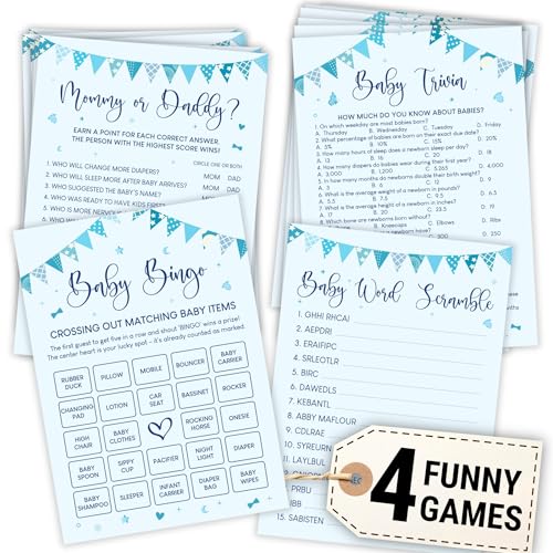 Woodamore Lustige Babyparty-Spiele für Jungen, 4 lustige Babyspiele für Babyparty, Jungen, Dekorationen, Babyparty-Bingo-Spiele für Jungen, blaue Baby-Quiz-Karte, Baby-Wort-Scramble Mommy oder Daddy Woodamore Lustige Babyparty-Spiele für Jungen, 4 lustige Babyspiele für Babyparty, Jungen, Dekorationen, Babyparty-Bingo-Spiele für Jungen, blaue Baby-Quiz-Karte, Baby-Wort-Scramble Mommy oder Daddy von WOODAMORE
