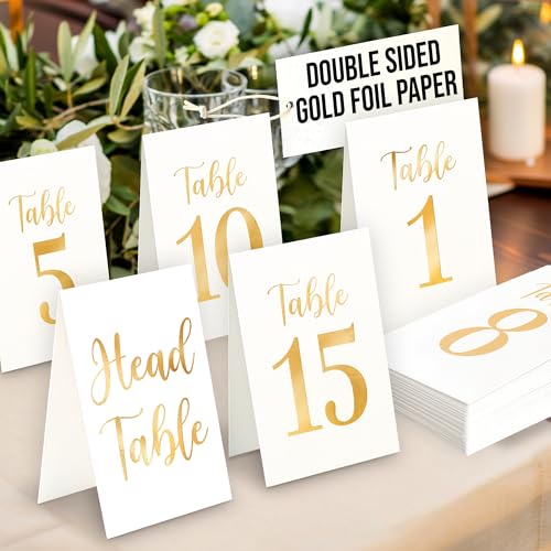 Woodamore Tischnummern aus Papier für Hochzeitsempfang 1–30, goldene Hochzeitstischnummer 1–30 mit Kopf, Tische, Zahlen, Karten von WOODAMORE