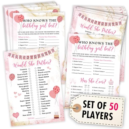Woodamore "Who Knows The Birthday Girl Best Game - 50 Pcs Teen Girl Birthday Party Games, Would She Rather Preppy Sleepover Party Supplies For Girls, Fun Birthday Activities For Teens Party Woodamore "Who Knows The Birthday Girl Best Game - 50 Pcs Teen Girl Birthday Party Games, Would She Rather Preppy Sleepover Party Supplies For Girls, Fun Birthday Activities For Teens Party von WOODAMORE