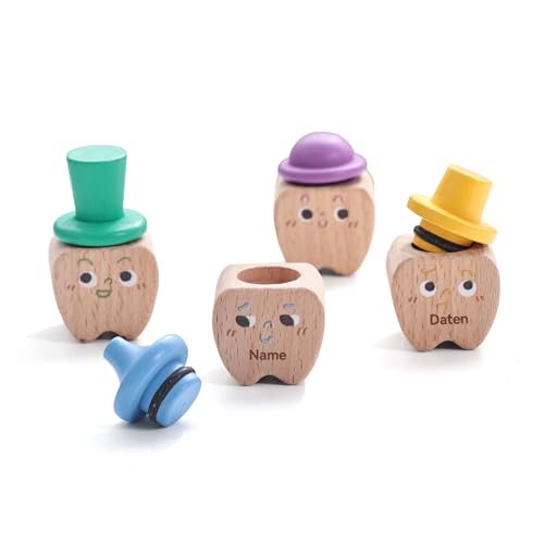 WOODEN TEETHER Zahndose Milchzähne aus Holz - Personalisierte Zahndose Milchzähne Jungen Mädchen, Niedliche Zahnbox Geschenk Geschenk zum Geburtstag oder Taufe (4PCS) von WOODEN TEETHER