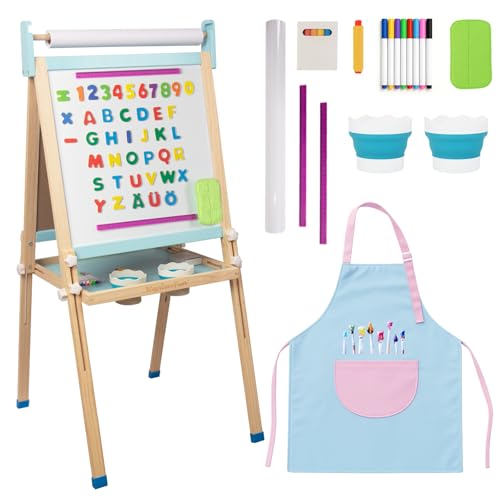 WoodenFun Kinder Kunst Staffelei Verstellbar mit Kreide, Magnet, Doppelseitige Tafel mit löschbarer Magnettafel Hölzerne Tafel Holz für Kinder Standtafel 10-teiliges Set (Blau) von WOODENFUN