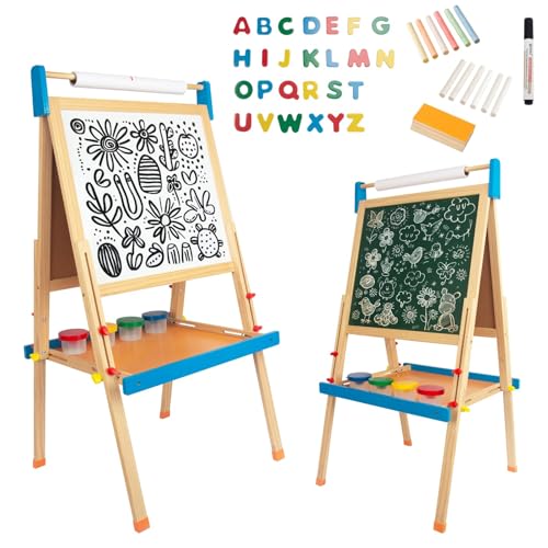 WoodenFun Kinder Kunst Staffelei Verstellbar mit Kreide, Magnet, Doppelseitige Tafel mit löschbarer Magnettafel Hölzerne Tafel Holz für Kinder Standtafel 10-teiliges Set (Blau Groß) von WOODENFUN