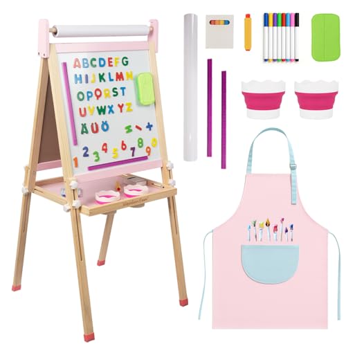 WoodenFun Kinder Kunst Staffelei Verstellbar mit Kreide, Magnet, Doppelseitige Tafel mit löschbarer Magnettafel Hölzerne Tafel Holz für Kinder Standtafel 10-teiliges Set (Rosa) von WOODENFUN