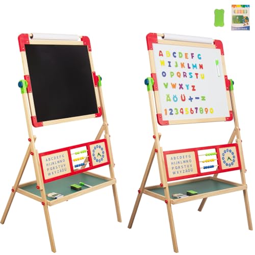 WoodenFun Kinder Kunst Staffelei Verstellbar mit Kreide, Magnet, Doppelseitige Tafel mit löschbarer Magnettafel Hölzerne Tafel Holz für Kinder Standtafel 10-teiliges Set (Rot) von WOODENFUN