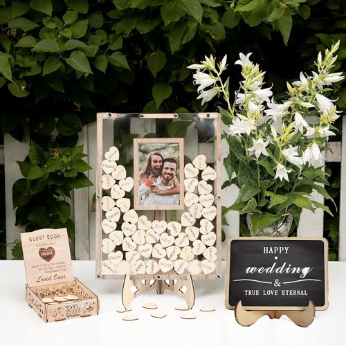 WOOLUCK® Gästebuch Hochzeit Holz,gästebuch Hochzeit personalisiert mit mini Kreidetafel, Hochzeit gästebuch Alternative mit 80 Holzherz Aufbewahrungsbox von WOOLUCK