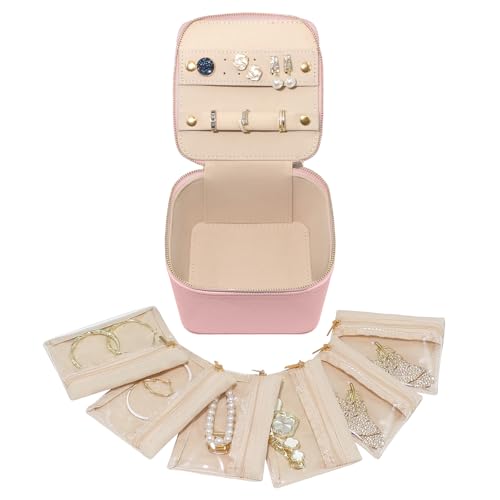 WOOMADA Reise-Schmuckschatulle, tragbare Schmuckschatulle mit 6 Samt-Schmucktaschen mit Reißverschluss, Geschenkidee für Damen (Rosa) von WOOMADA