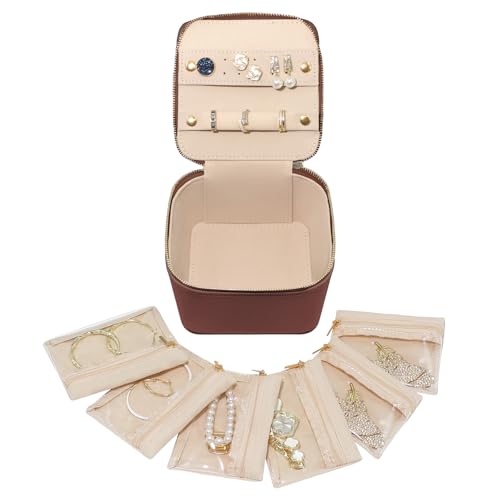 WOOMADA Reise-Schmuckschatulle, tragbare Schmuckschatulle mit 6 Samt-Schmucktaschen mit Reißverschluss, Geschenkidee für Damen (braun) von WOOMADA